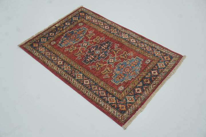 2x3 Red Kazak Hand-Knotted Afghan Rug - Yildiz Rugs