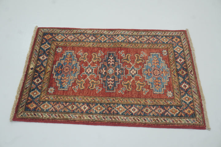 2x3 Red Kazak Hand-Knotted Afghan Rug - Yildiz Rugs