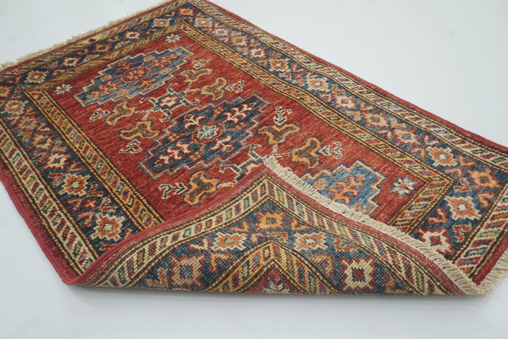 2x3 Red Kazak Hand-Knotted Afghan Rug - Yildiz Rugs