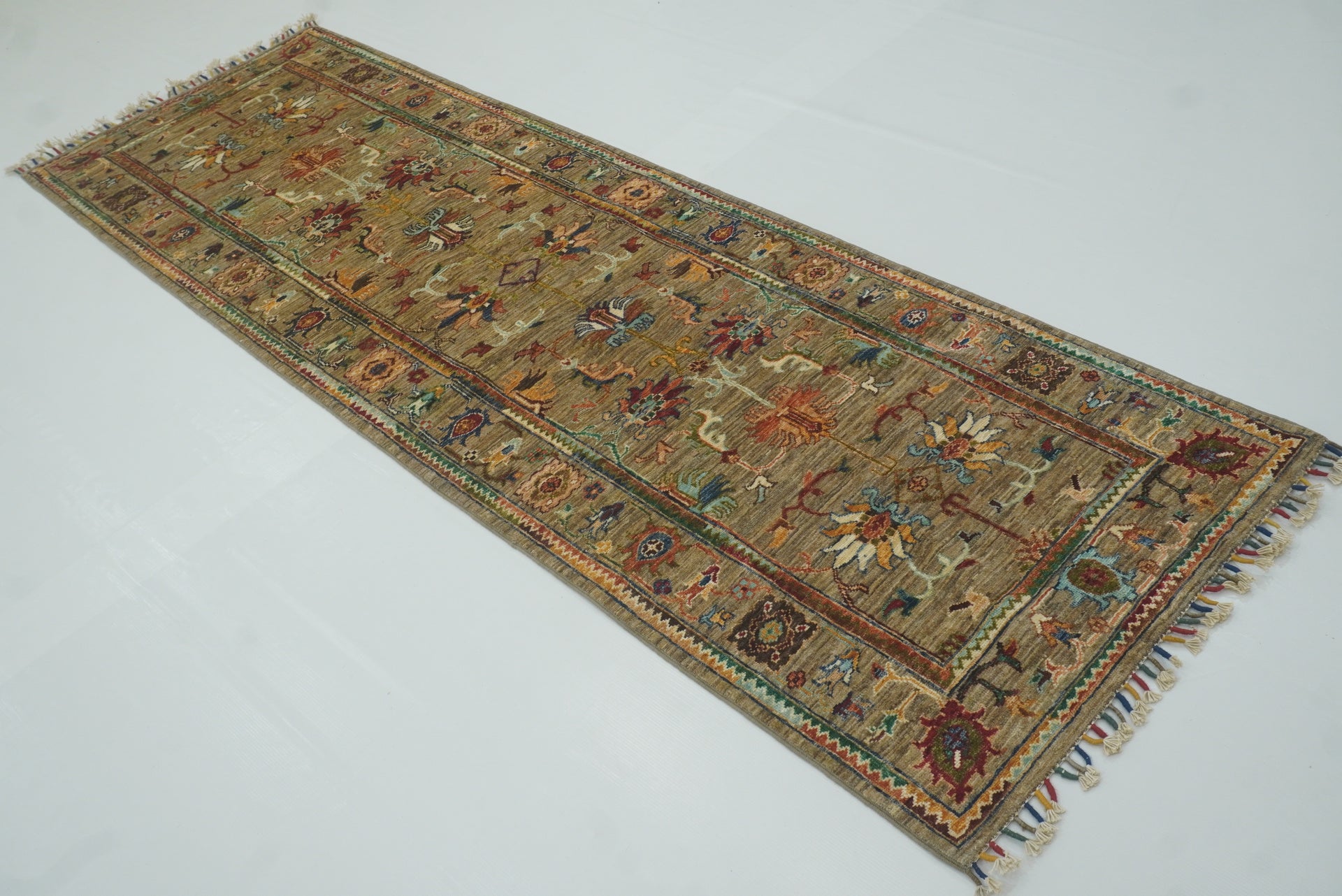2'8"x8'6" Waziri Gray Afghan Hand-Knotted Wool Runner Rug