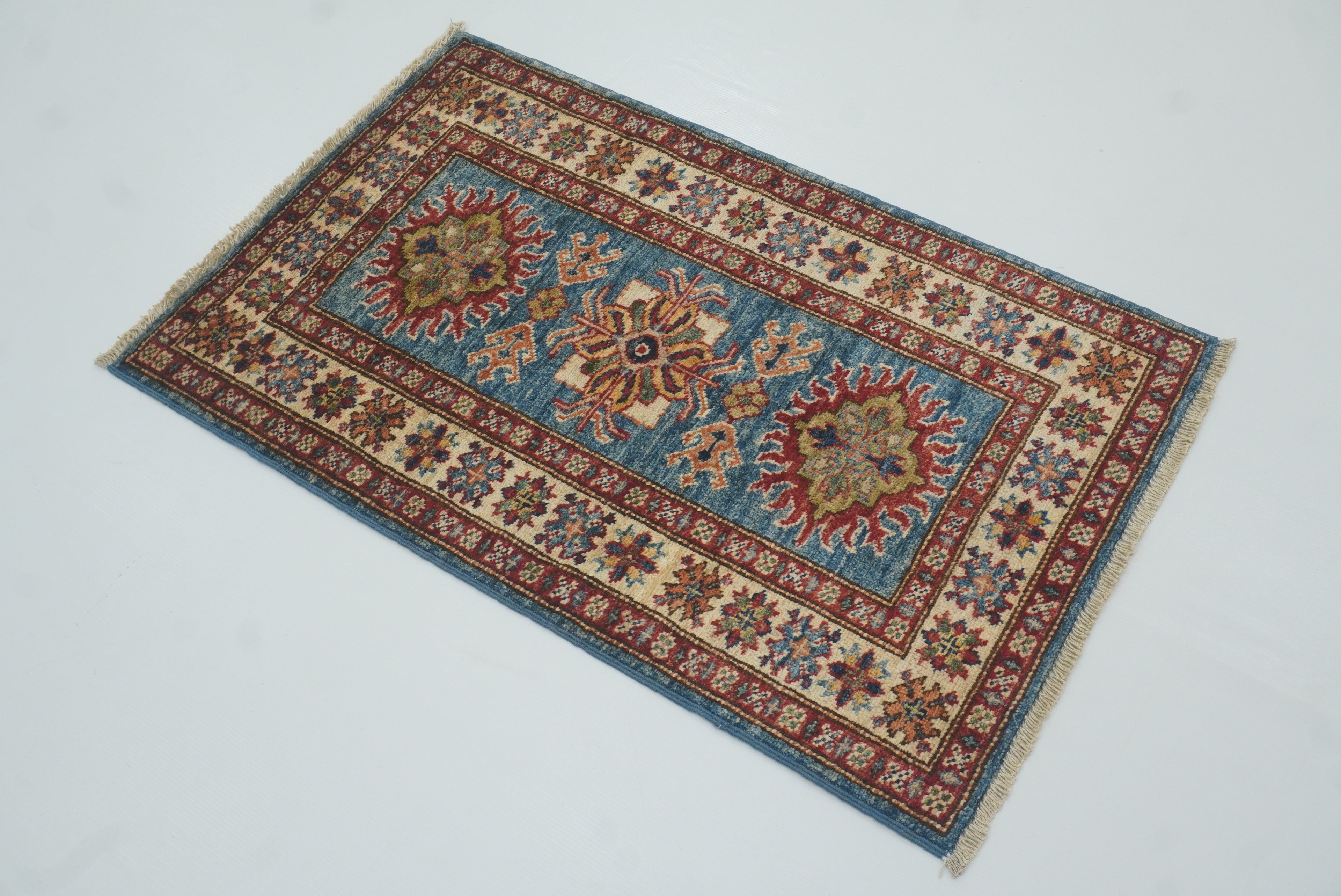 2x3 Blue Kazak Hand-Knotted Afghan Wool Rug - Yildiz Rugs