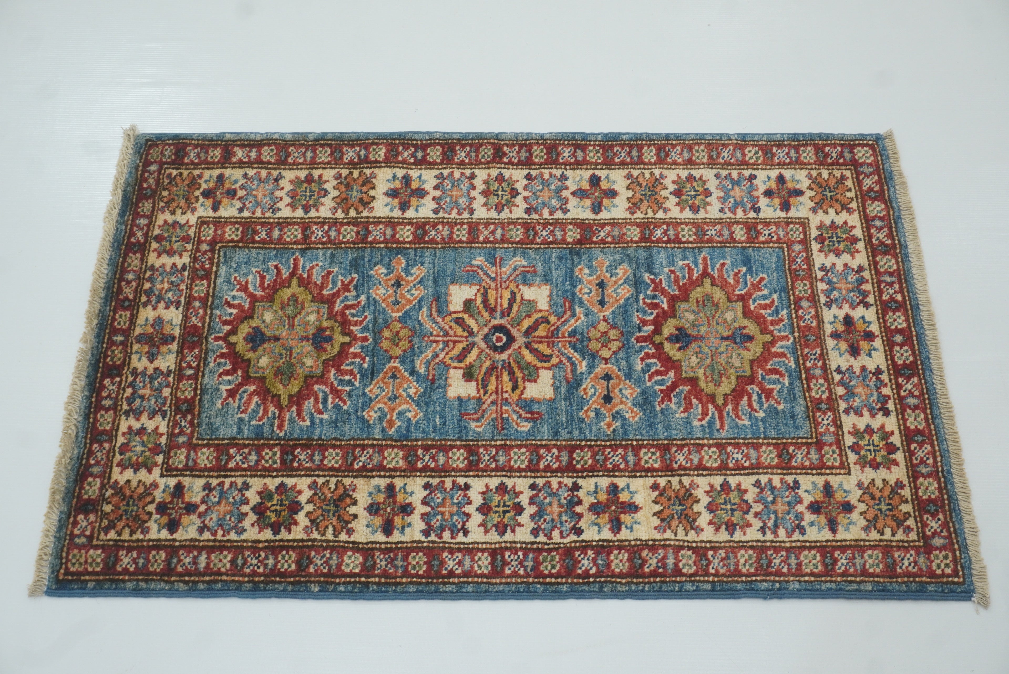2x3 Blue Kazak Hand-Knotted Afghan Wool Rug - Yildiz Rugs
