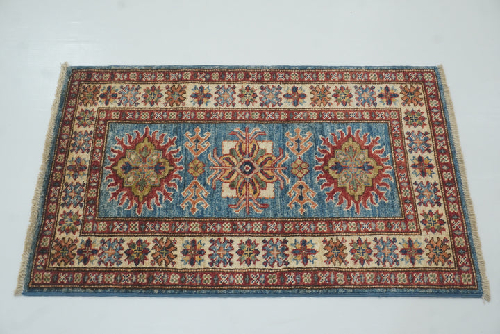 2x3 Blue Kazak Hand-Knotted Afghan Wool Rug - Yildiz Rugs