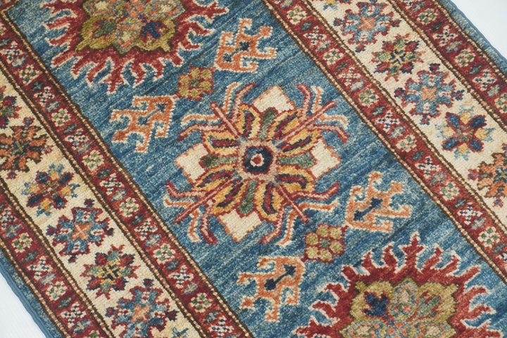 2x3 Blue Kazak Hand-Knotted Afghan Wool Rug - Yildiz Rugs