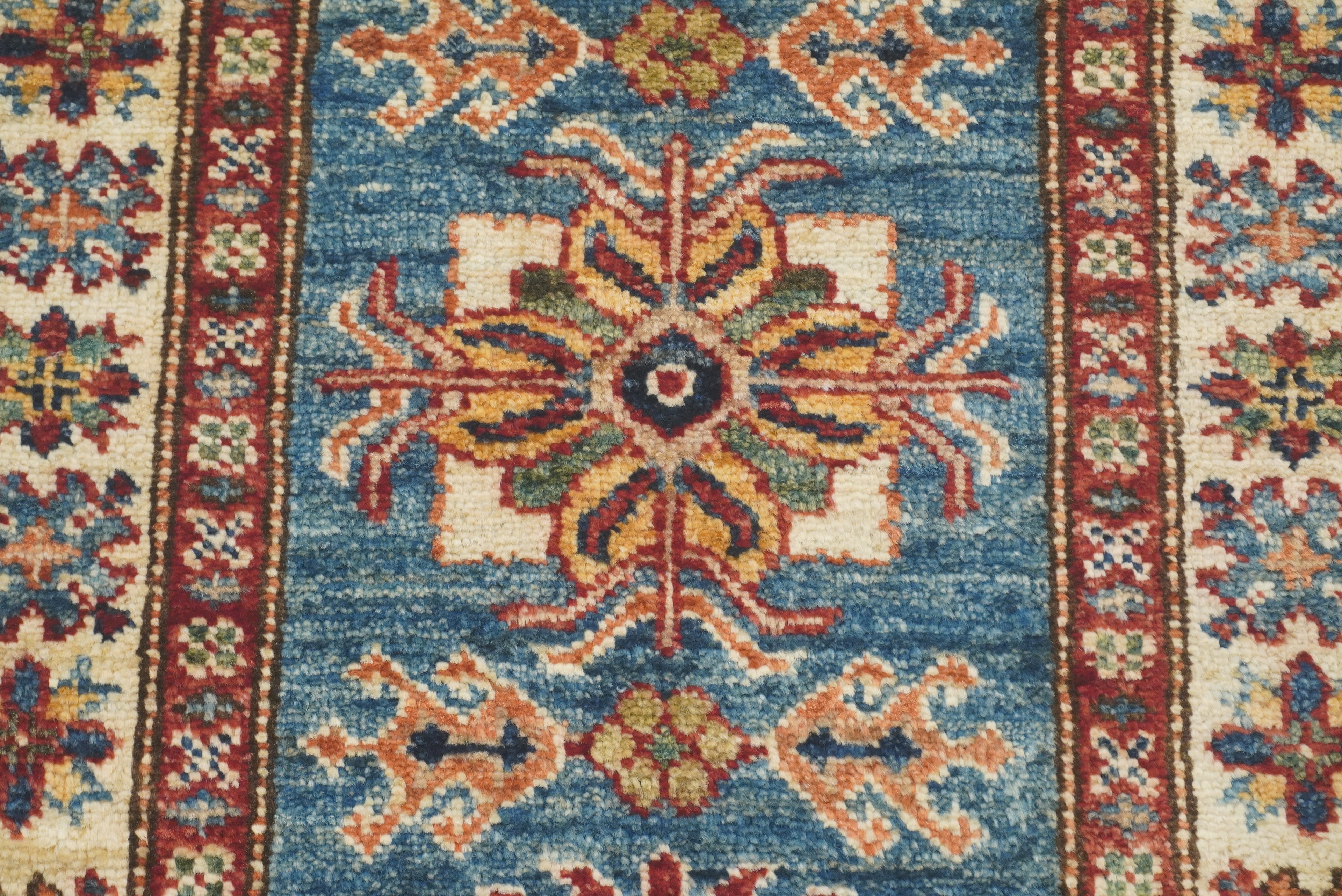 2x3 Blue Kazak Hand-Knotted Afghan Wool Rug - Yildiz Rugs