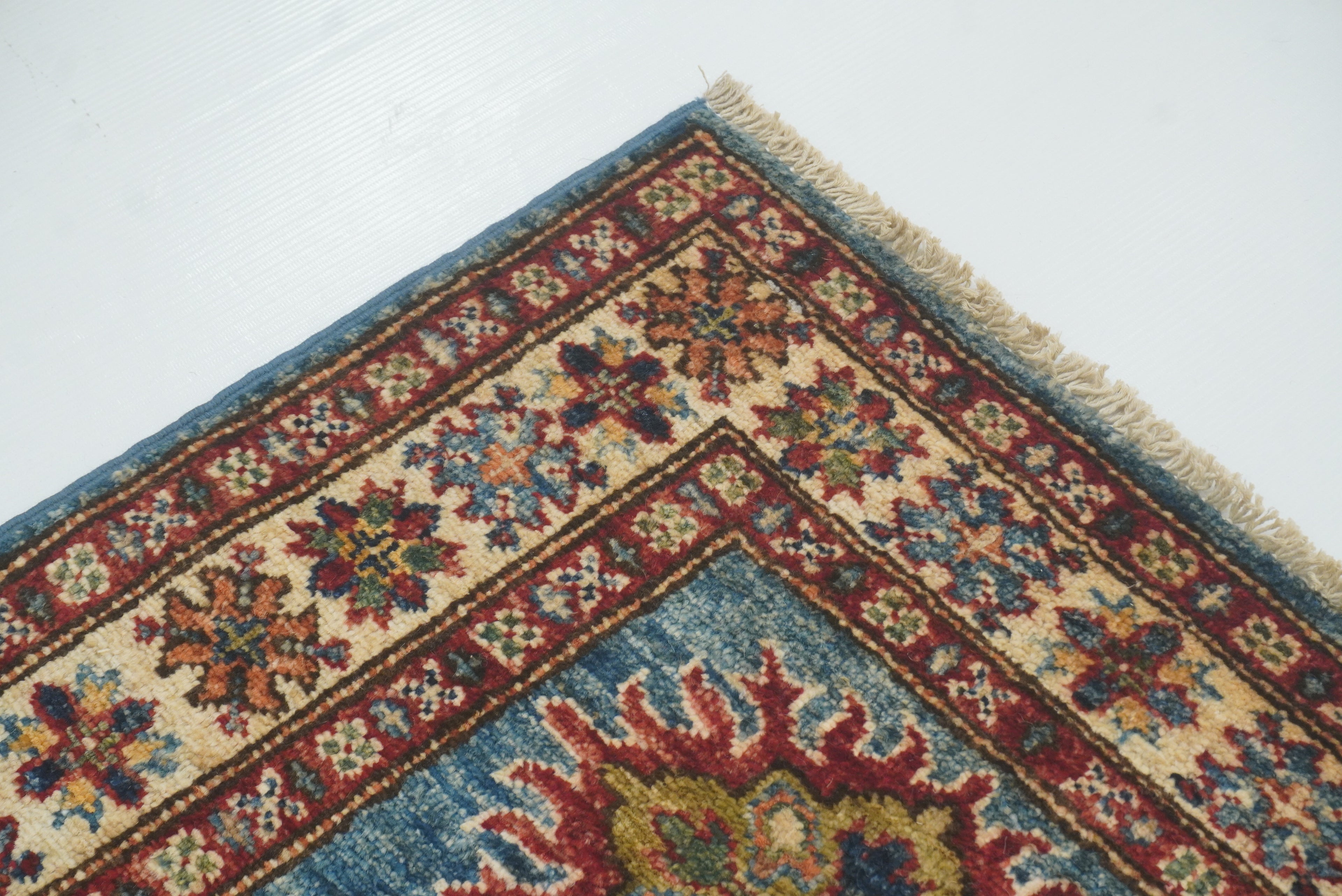 2x3 Blue Kazak Hand-Knotted Afghan Wool Rug - Yildiz Rugs