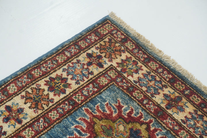 2x3 Blue Kazak Hand-Knotted Afghan Wool Rug - Yildiz Rugs