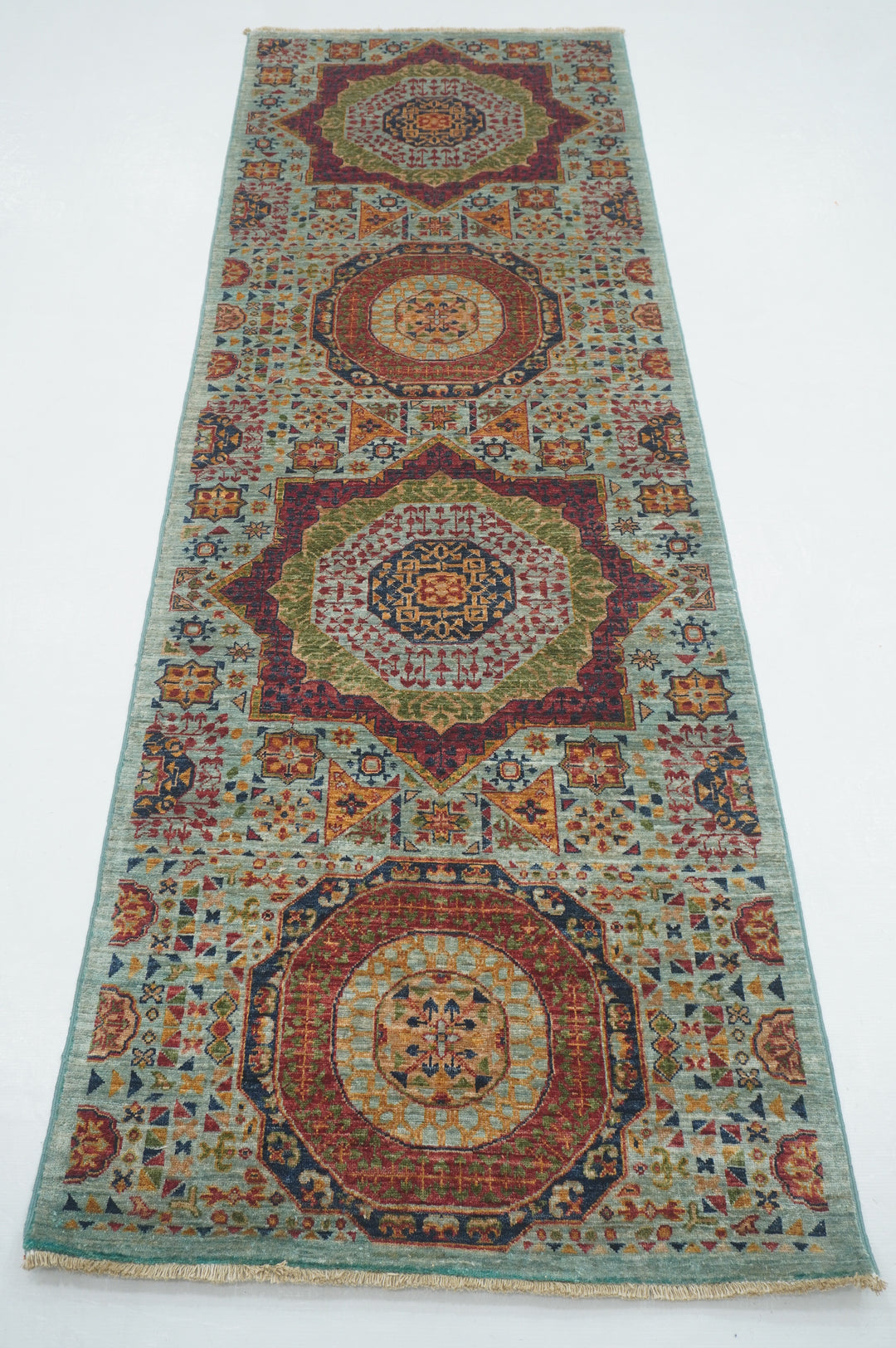 8 ft Soft Blue Mamluk Hand knotted Turkish Medallion Runner Rug - Yildiz Rugs