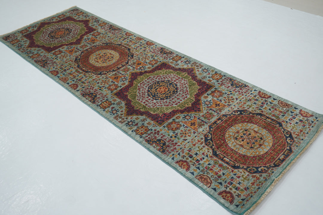 8 ft Soft Blue Mamluk Hand knotted Turkish Medallion Runner Rug - Yildiz Rugs