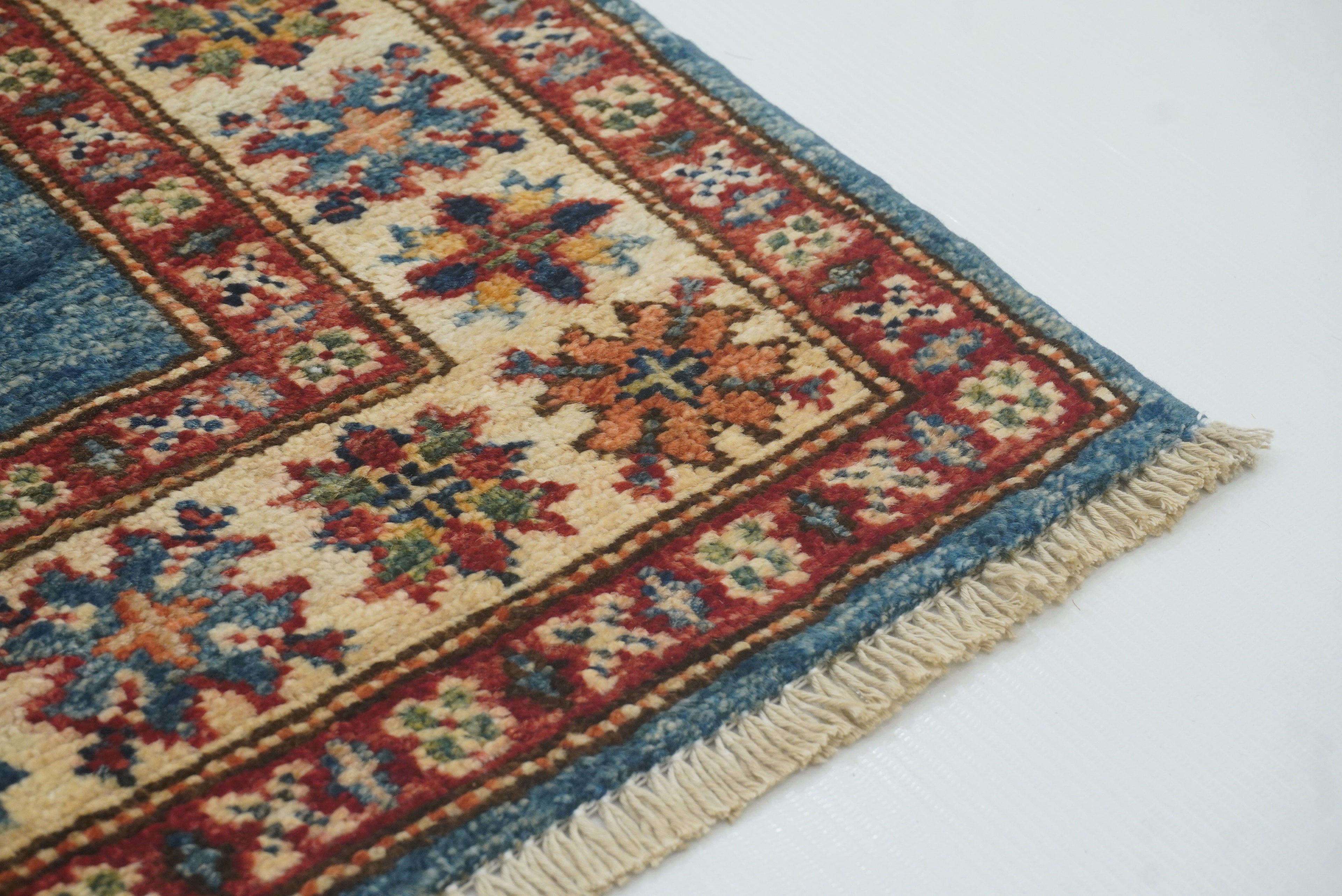 2x3 Blue Kazak Hand-Knotted Afghan Wool Rug - Yildiz Rugs