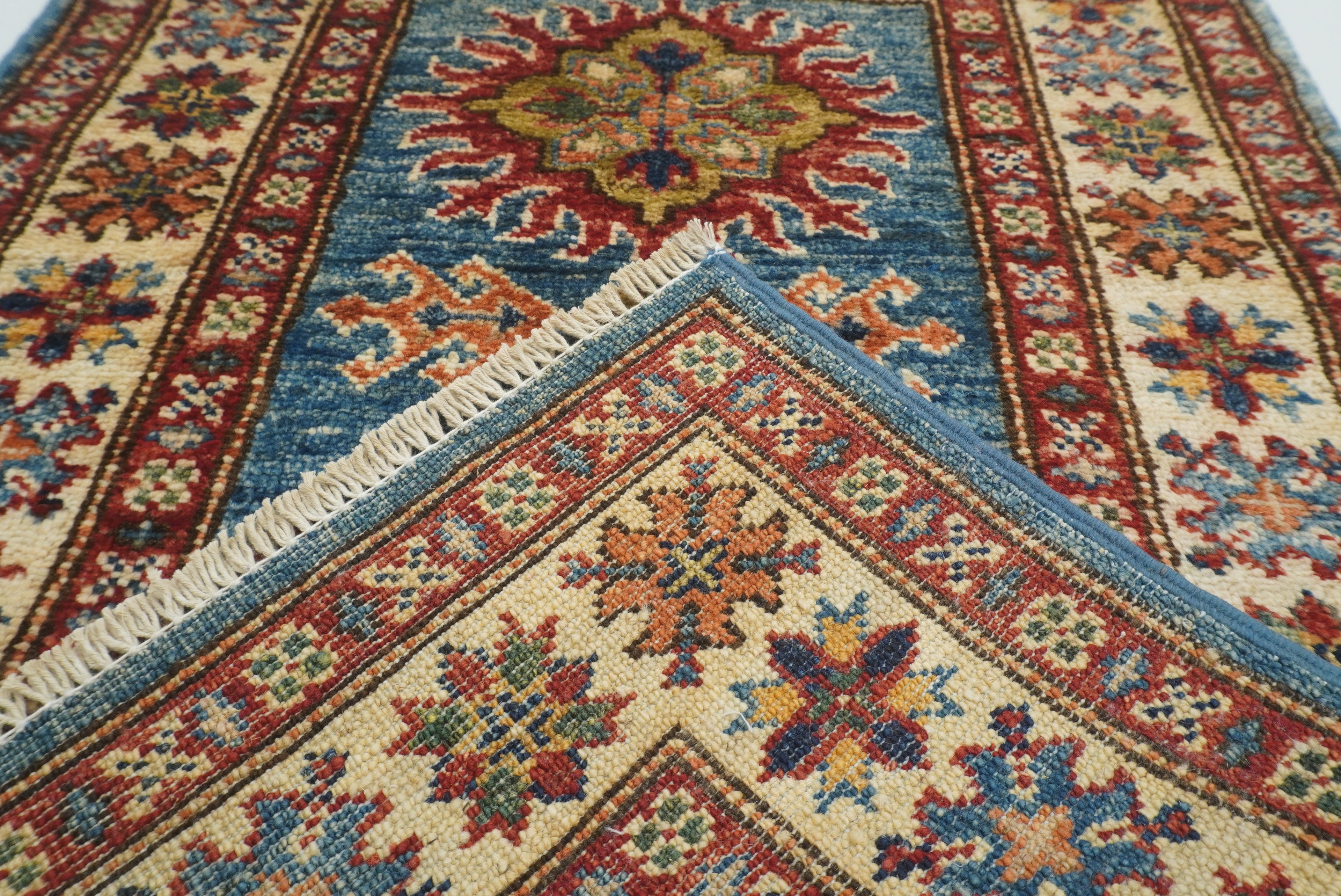 2x3 Blue Kazak Hand-Knotted Afghan Wool Rug - Yildiz Rugs