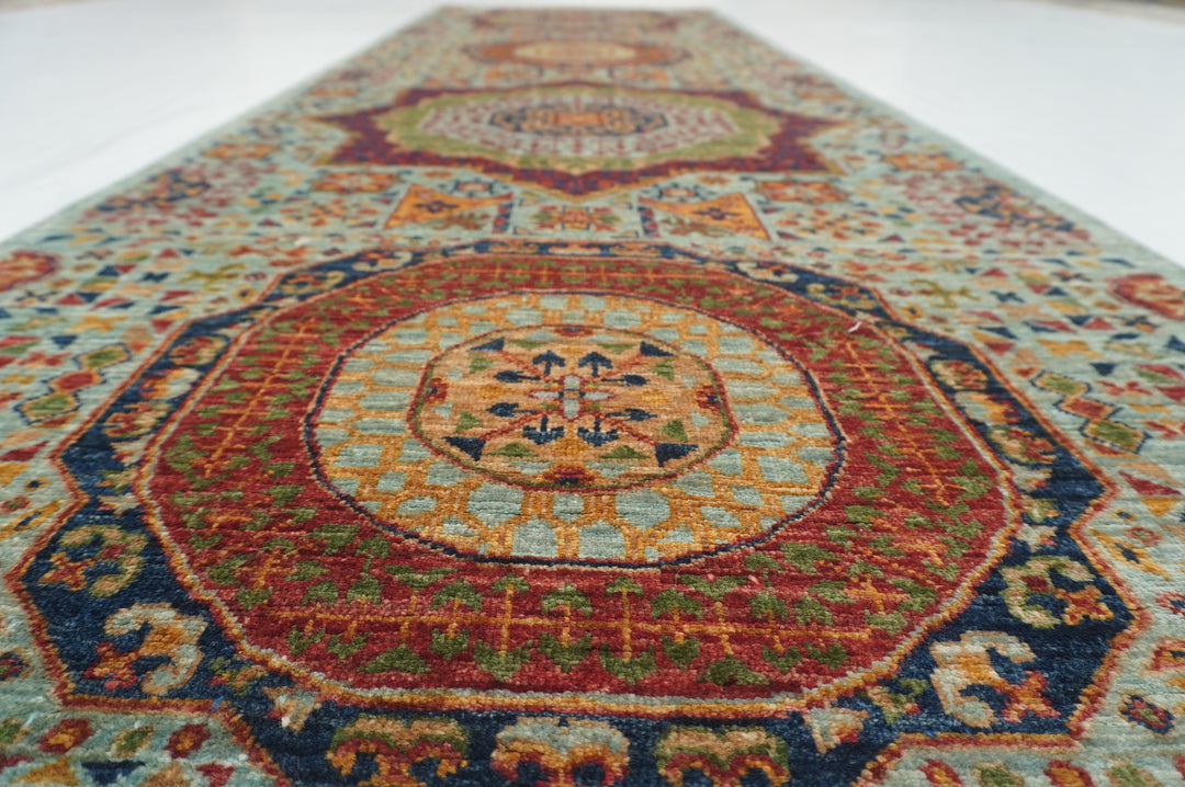 8 ft Soft Blue Mamluk Hand knotted Turkish Medallion Runner Rug - Yildiz Rugs