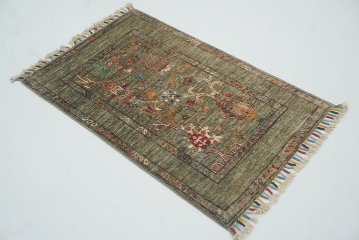 2x3 Green Afghan Waziri Floral Hand Knotted Rug - Yildiz Rugs