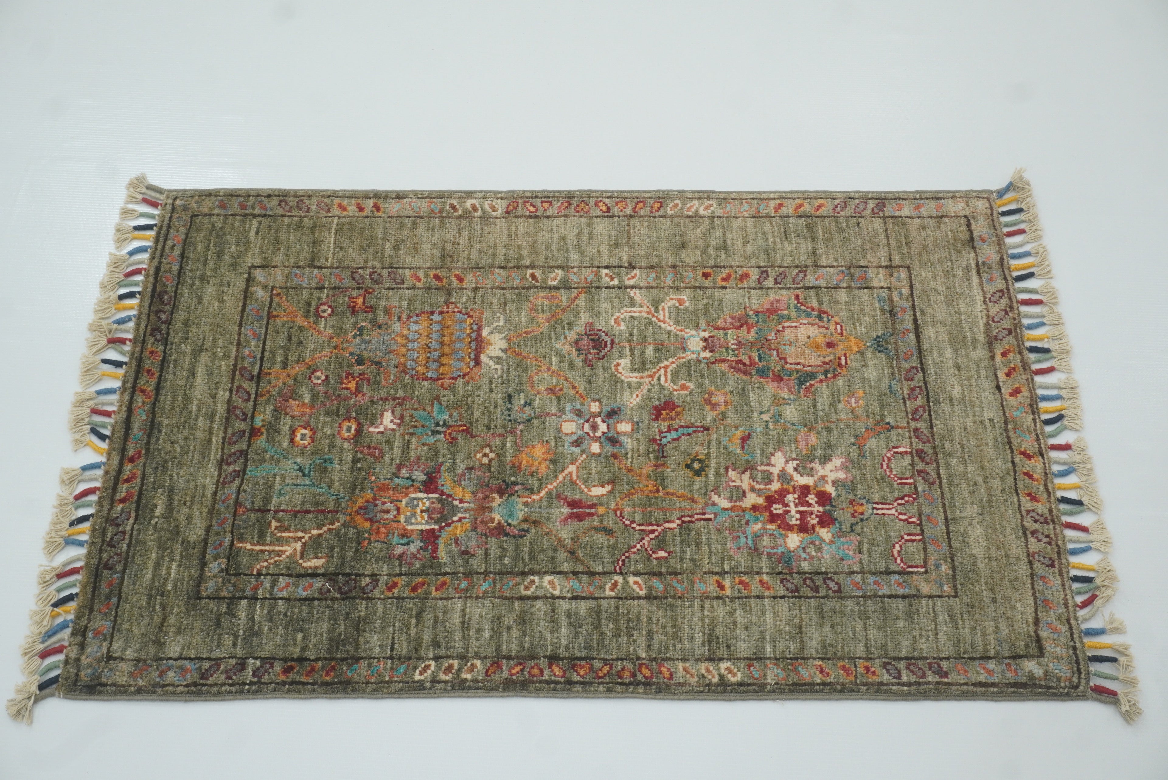 2x3 Green Afghan Waziri Floral Hand Knotted Rug - Yildiz Rugs