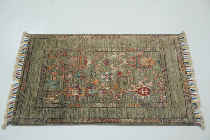 2x3 Green Afghan Waziri Floral Hand Knotted Rug - Yildiz Rugs