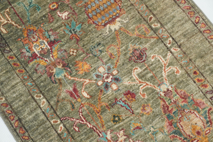 2x3 Green Afghan Waziri Floral Hand Knotted Rug - Yildiz Rugs