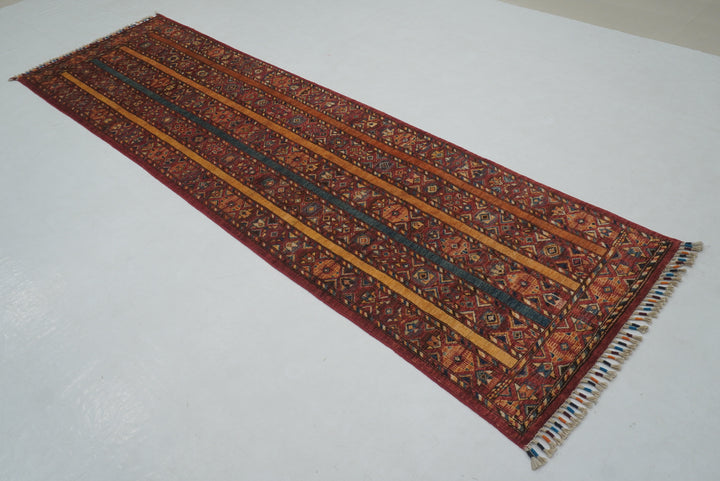 10 ft Red Turkish Shawl Striped Pattern Hand knotted Runner Rug