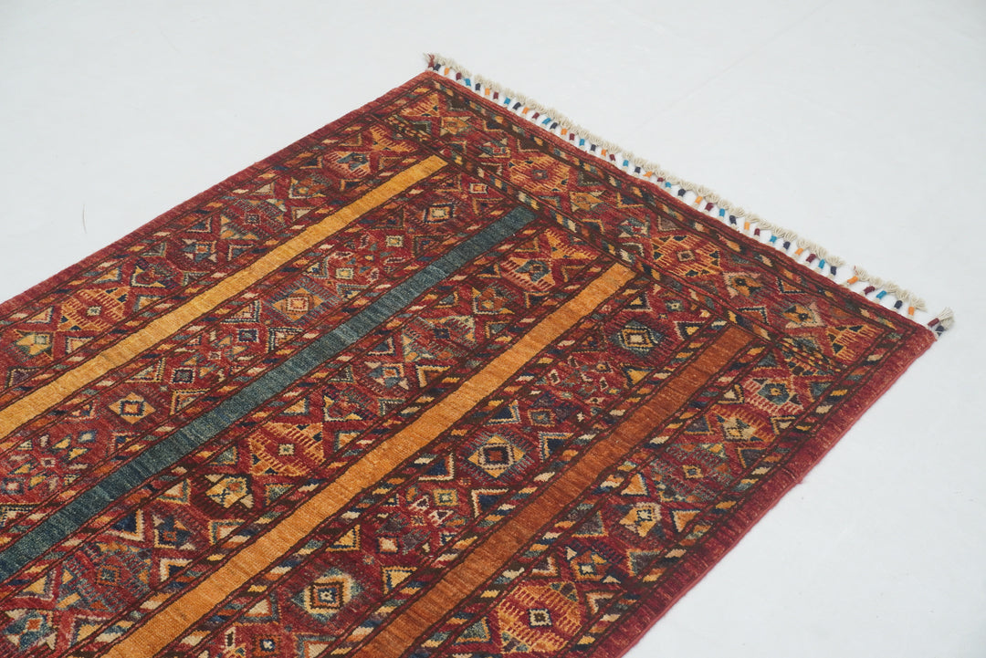 10 ft Red Turkish Shawl Striped Pattern Hand knotted Runner Rug