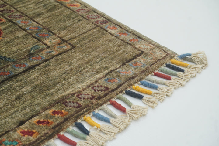 2x3 Green Afghan Waziri Floral Hand Knotted Rug - Yildiz Rugs