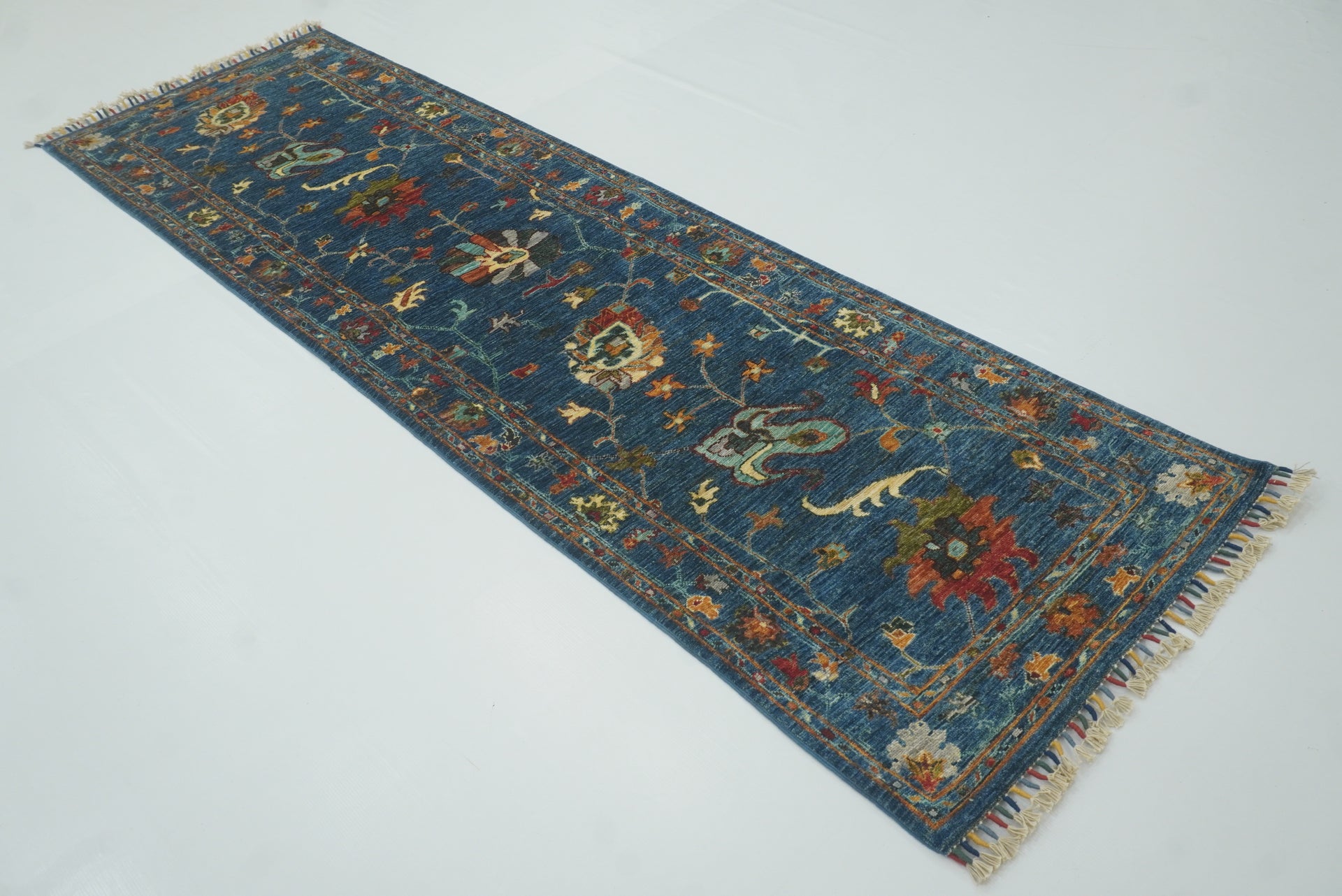 9 ft Waziri Blue Afghan Hand-Knotted Wool Runner Rug