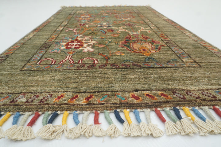 2x3 Green Afghan Waziri Floral Hand Knotted Rug - Yildiz Rugs