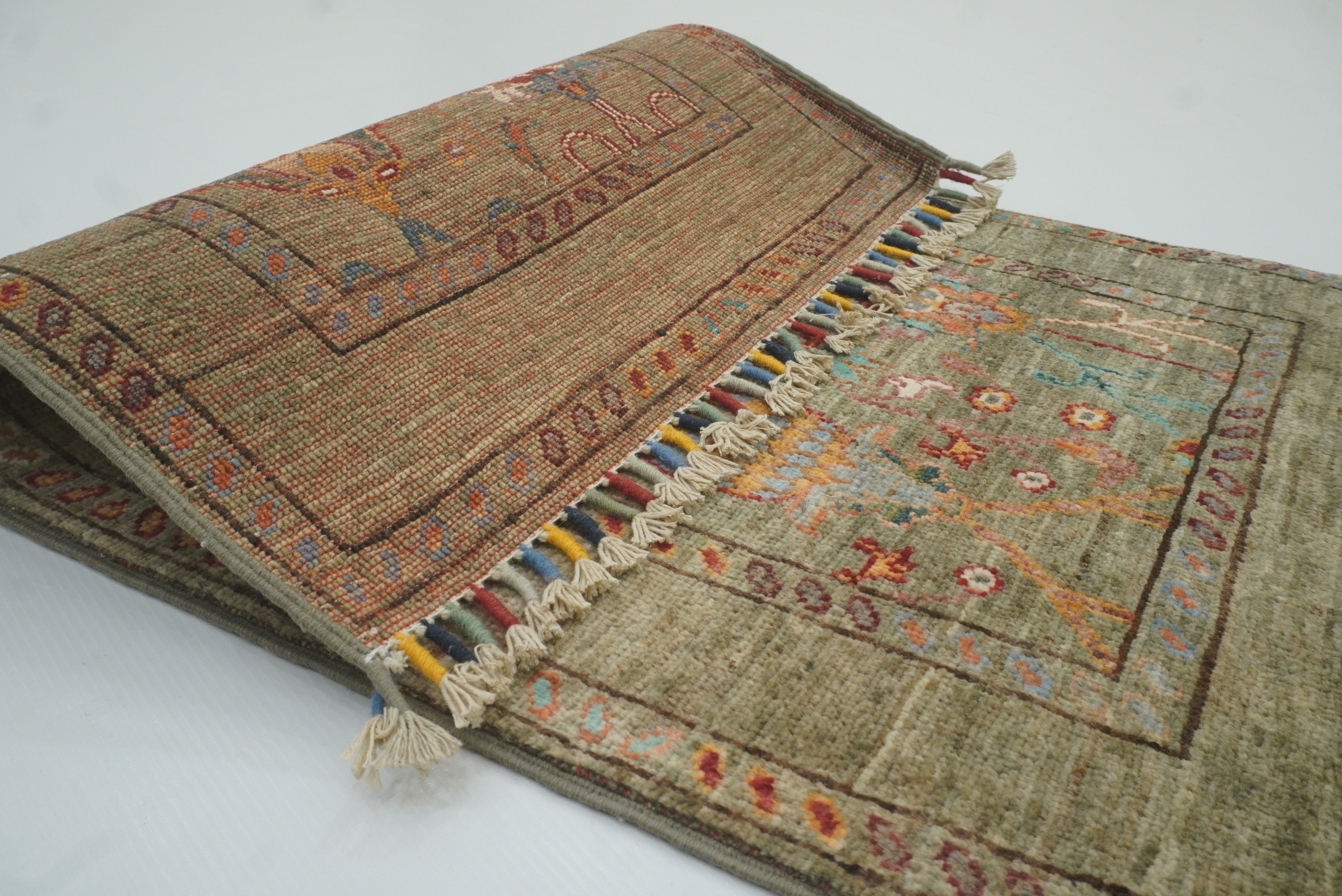 2x3 Green Afghan Waziri Floral Hand Knotted Rug - Yildiz Rugs