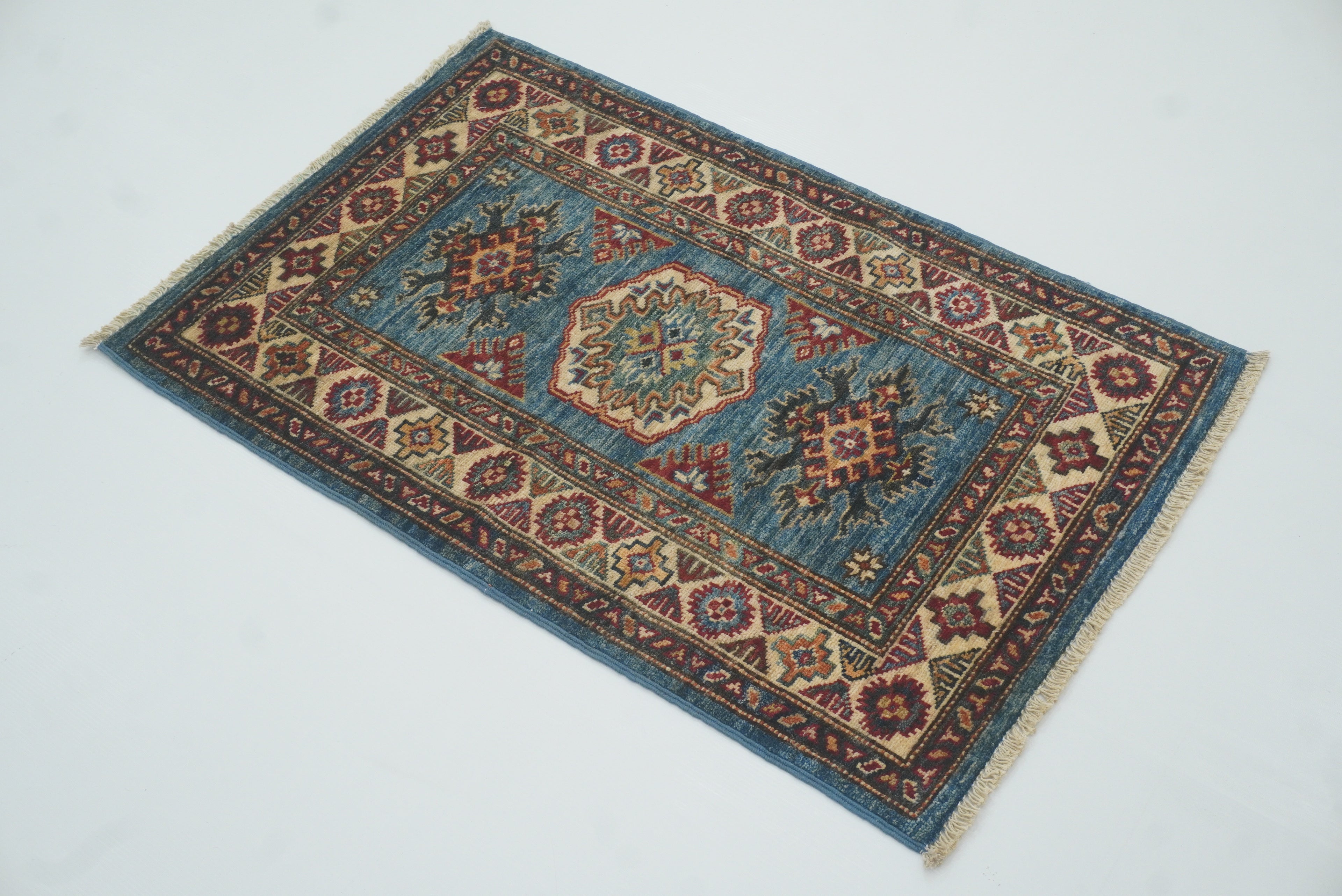 2x3 Blue Kazak Hand-Knotted Afghan Rug - Yildiz Rugs