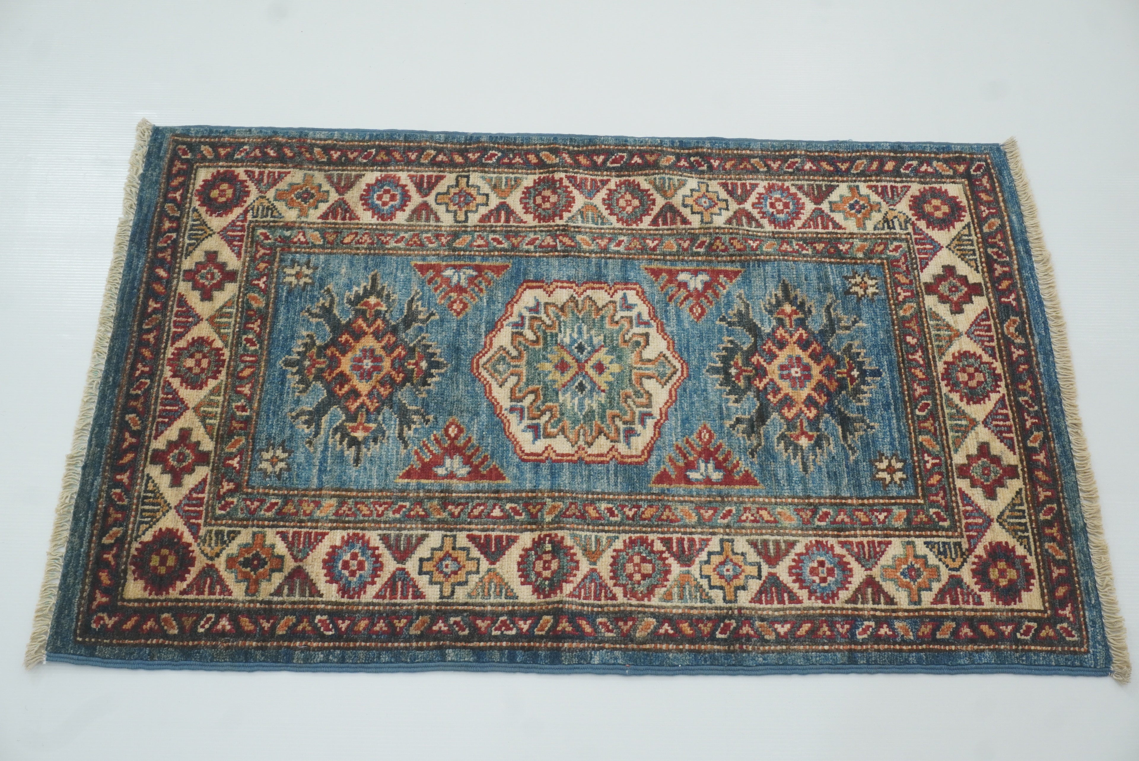 2x3 Blue Kazak Hand-Knotted Afghan Rug - Yildiz Rugs