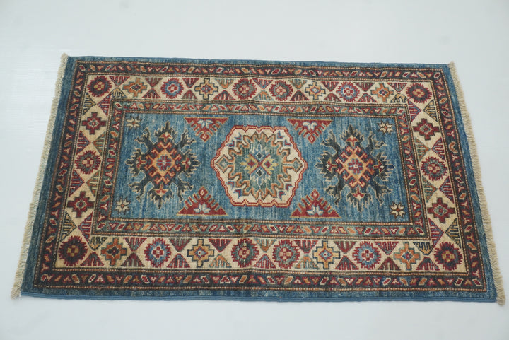 2x3 Blue Kazak Hand-Knotted Afghan Rug - Yildiz Rugs