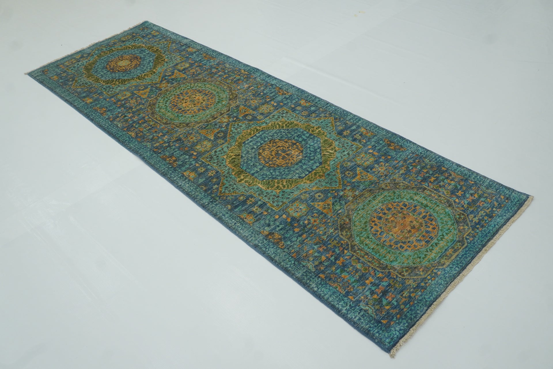 8 ft Blue Mamluk Afghan Hand Knotted Wool Runner Rug