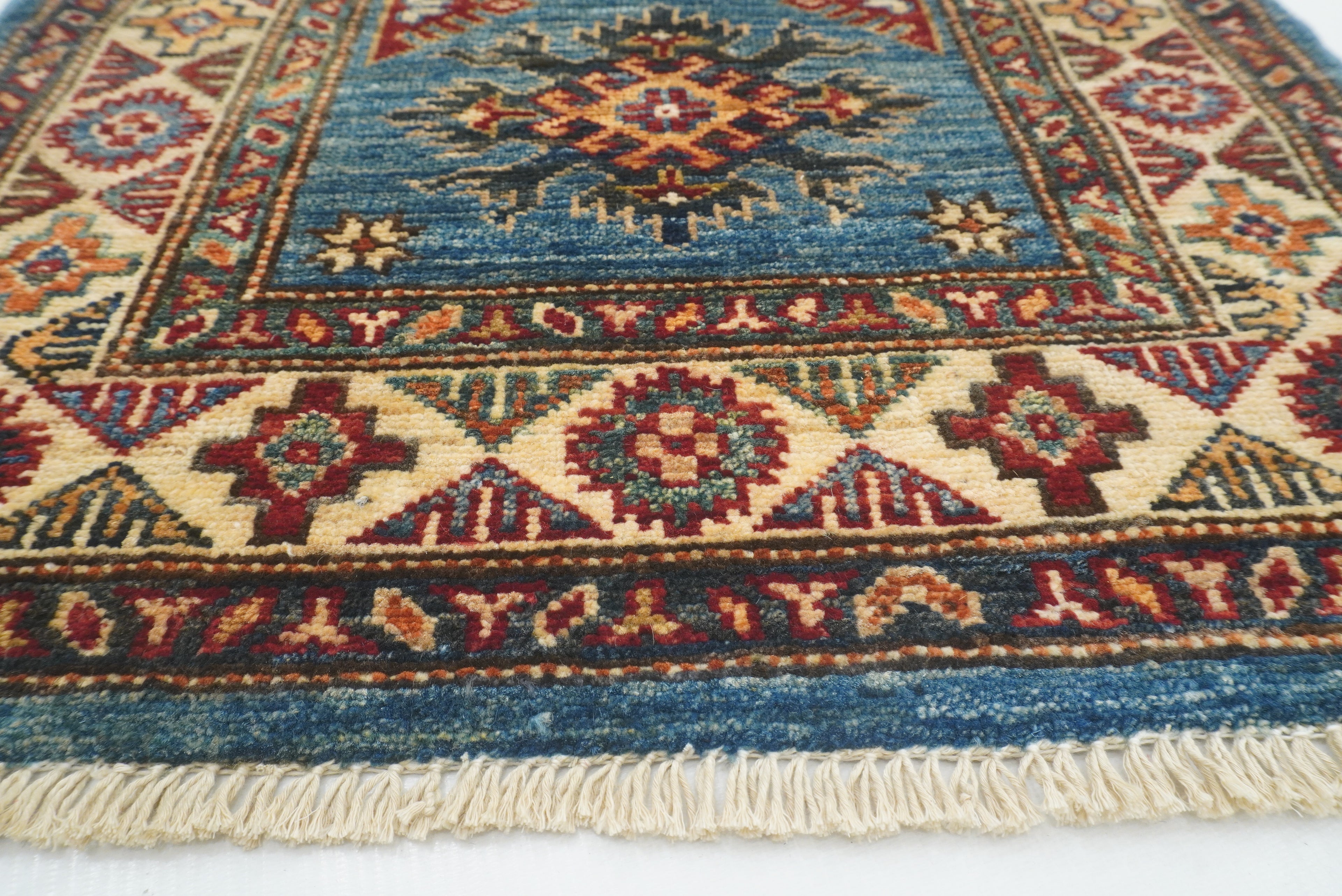2x3 Blue Kazak Hand-Knotted Afghan Rug - Yildiz Rugs