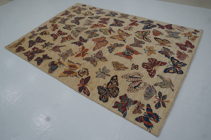 6x8 Butterfly Beige Gabbeh Afghan hand knotted Rug