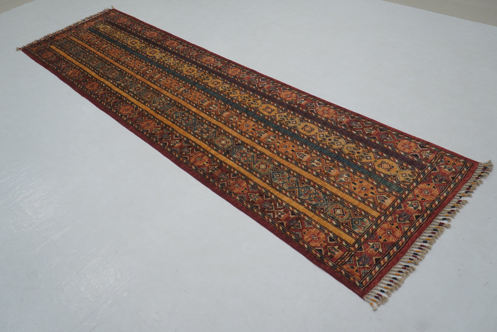 3x10 ft Red Turkish Shawl Striped Pattern Hand knotted Runner Rug