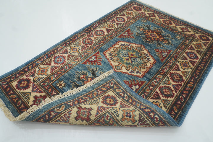 2x3 Blue Kazak Hand-Knotted Afghan Rug - Yildiz Rugs