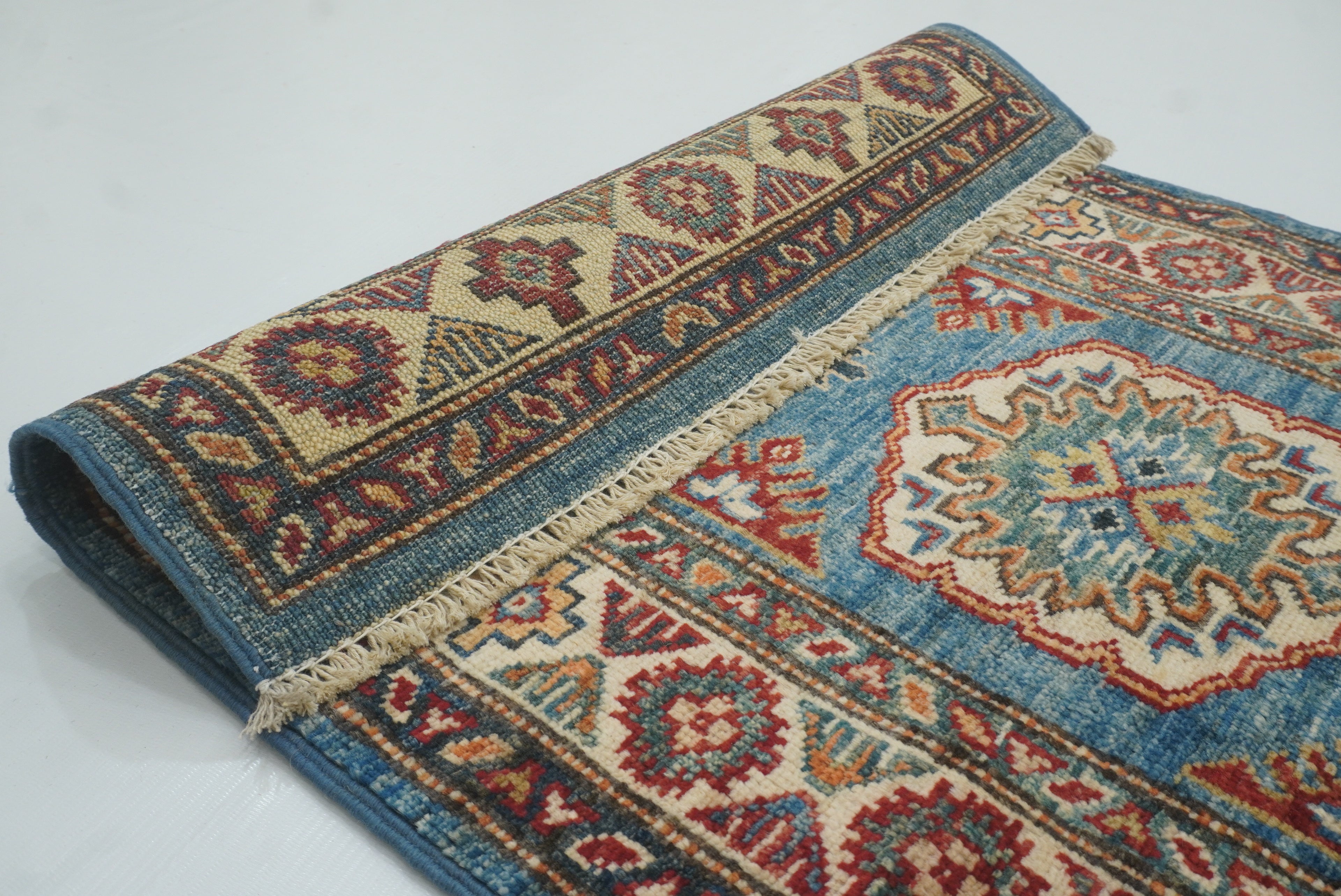 2x3 Blue Kazak Hand-Knotted Afghan Rug - Yildiz Rugs