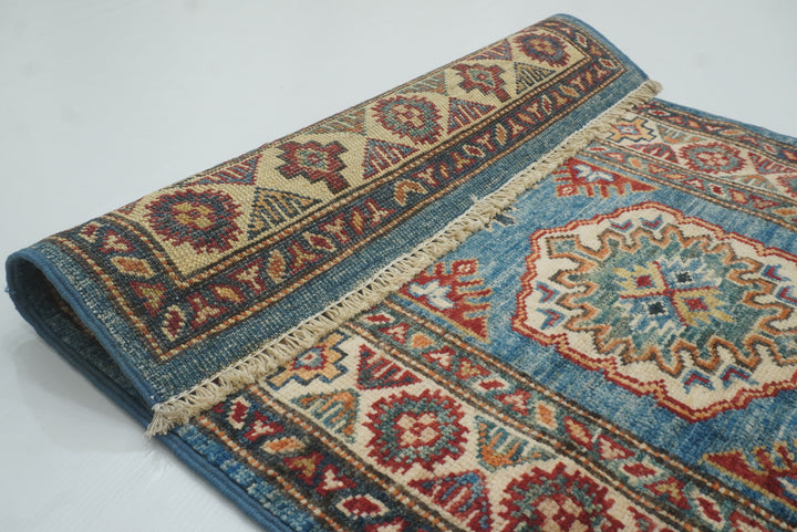 2x3 Blue Kazak Hand-Knotted Afghan Rug - Yildiz Rugs