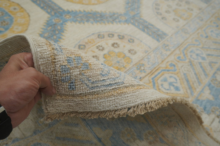 10x14 Khotan Vintage Beige Blue Afghan Hand knotted Wool Area Rug - Yildiz Rugs