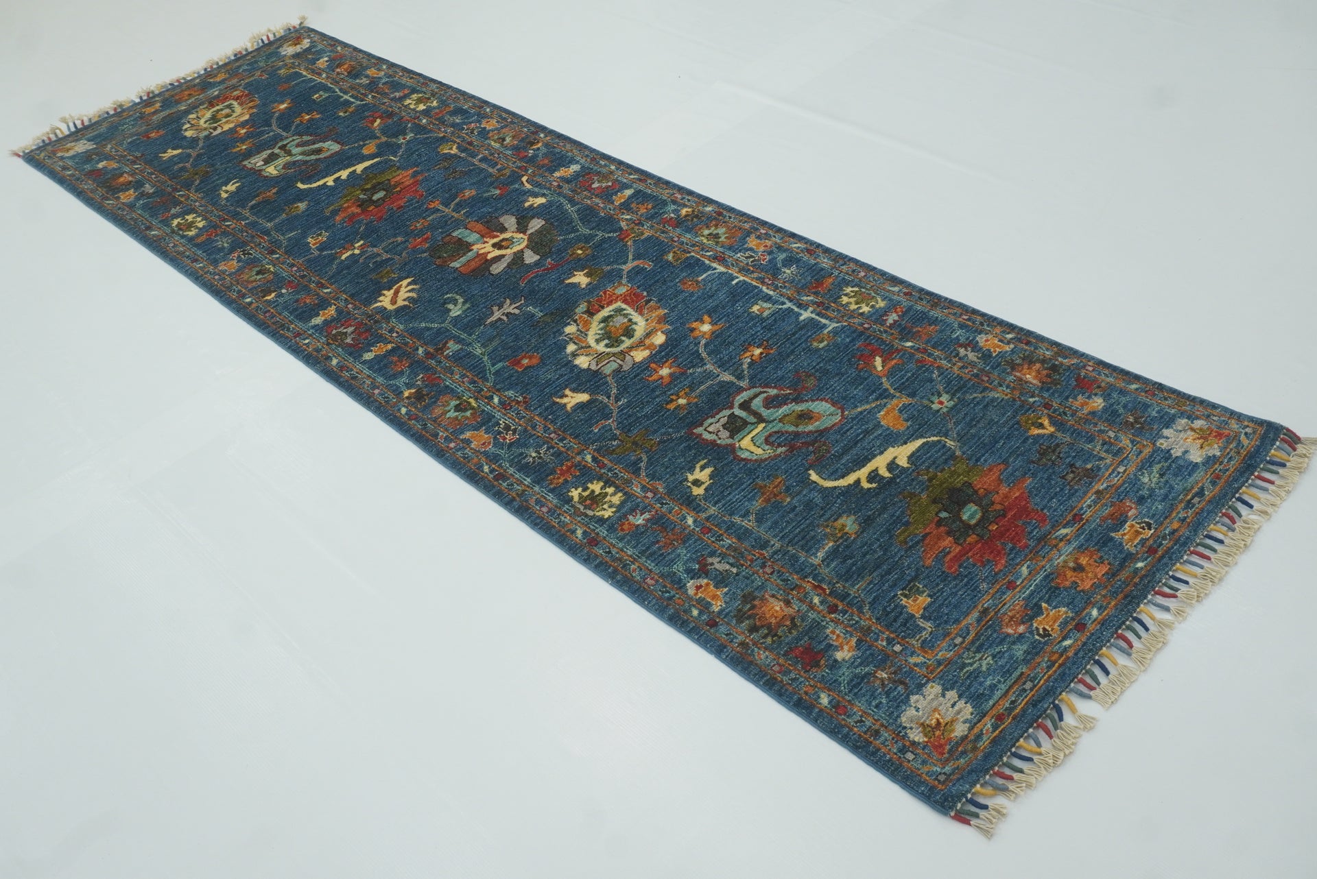 9 ft Waziri Blue Afghan Hand-Knotted Runner Rug