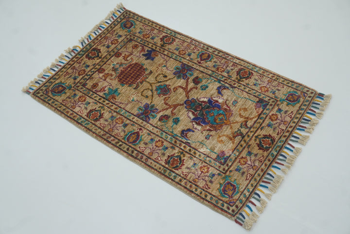 2x3 Beige Afghan Waziri Floral Hand Knotted Rug - Yildiz Rugs
