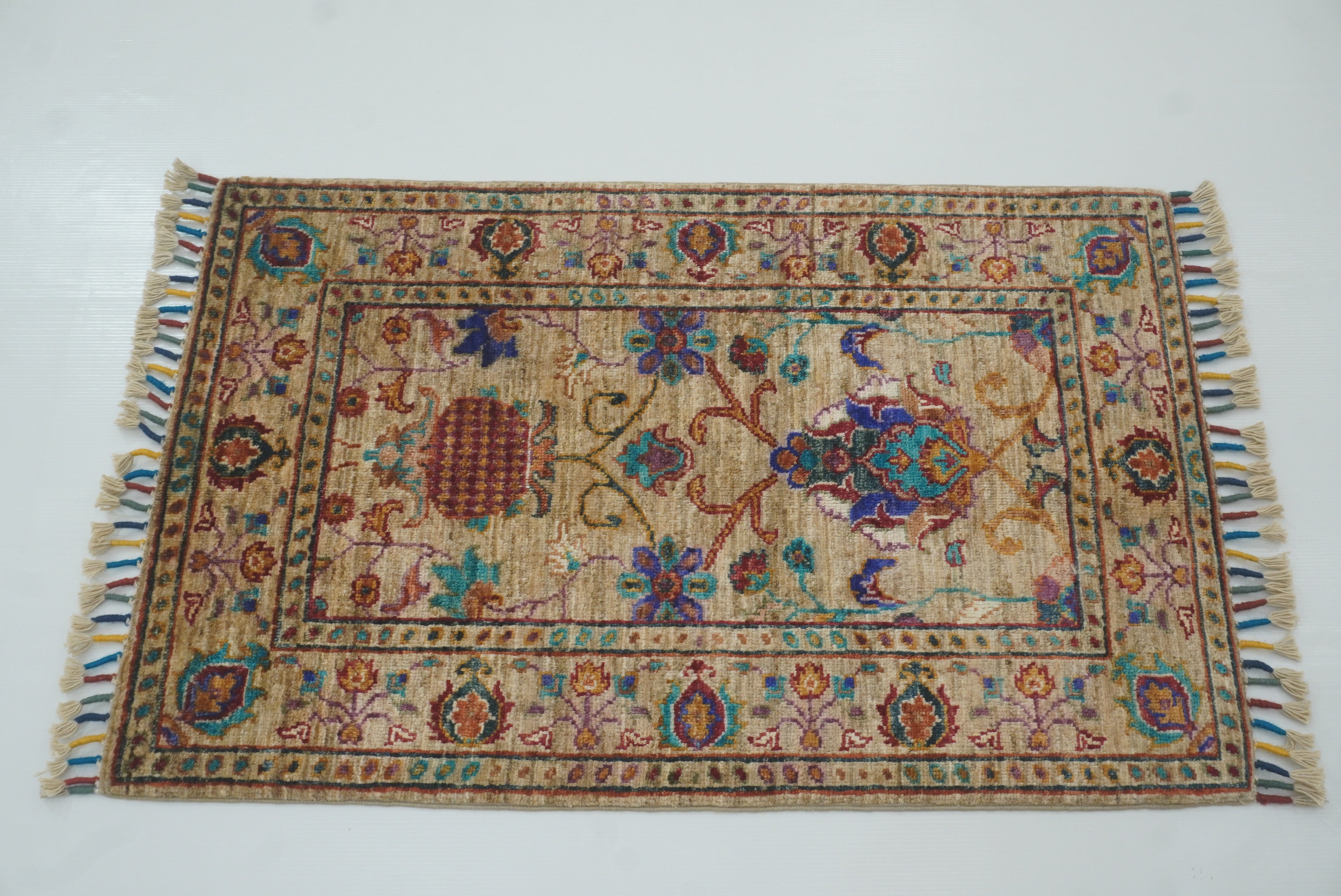 2x3 Beige Afghan Waziri Floral Hand Knotted Rug - Yildiz Rugs
