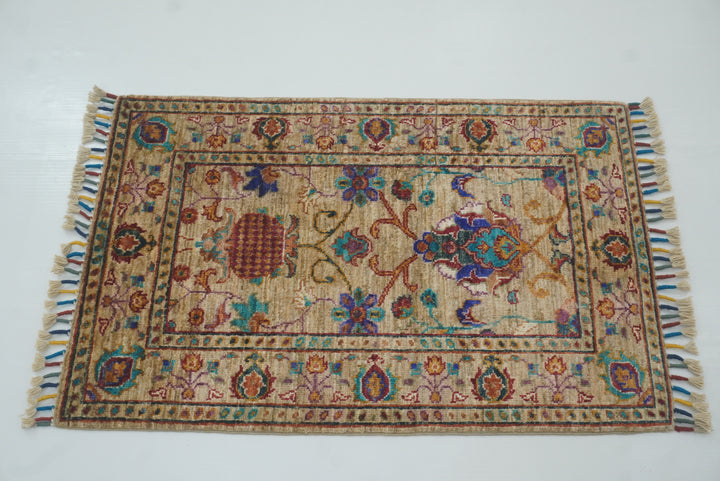2x3 Beige Afghan Waziri Floral Hand Knotted Rug - Yildiz Rugs
