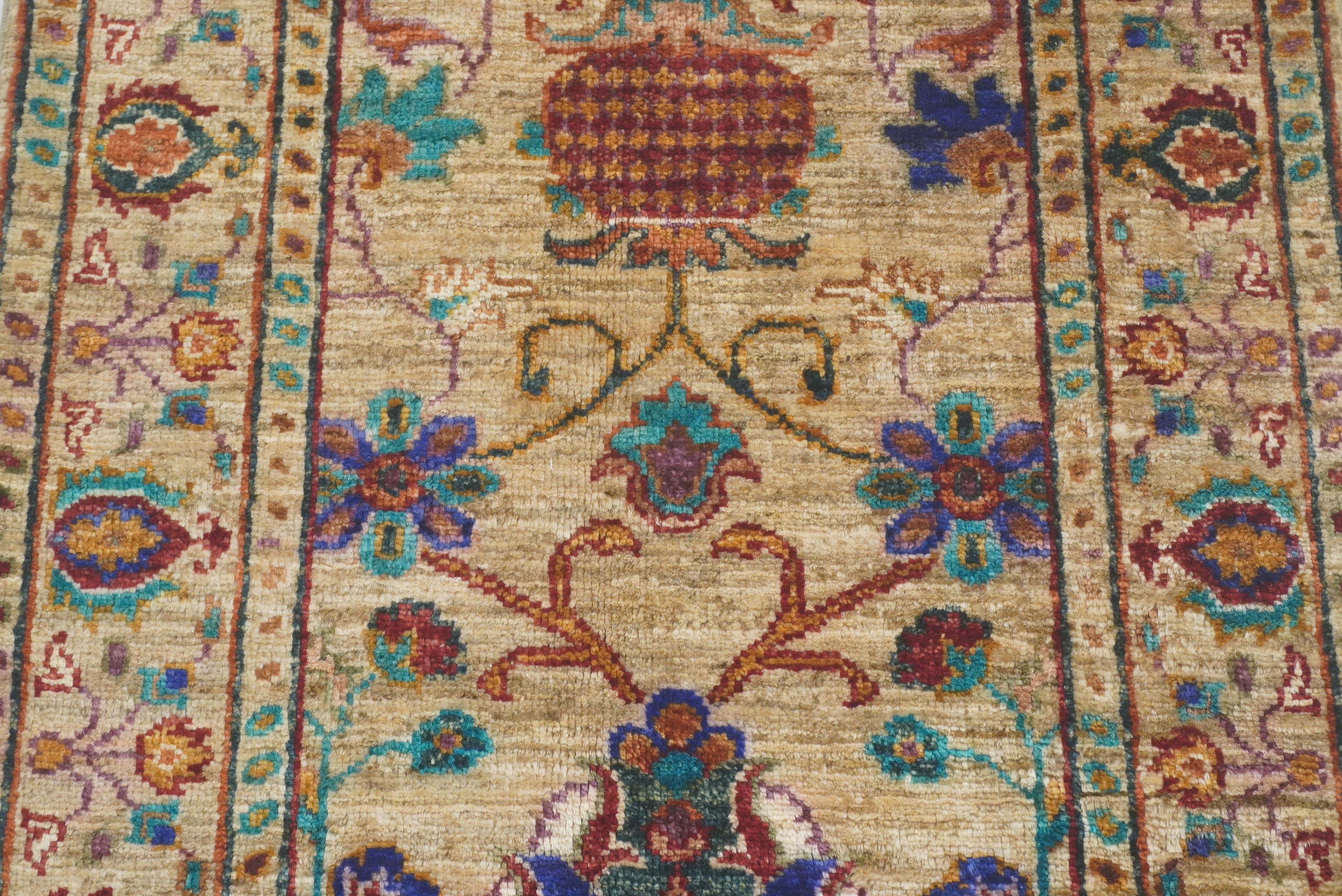 2x3 Beige Afghan Waziri Floral Hand Knotted Rug - Yildiz Rugs