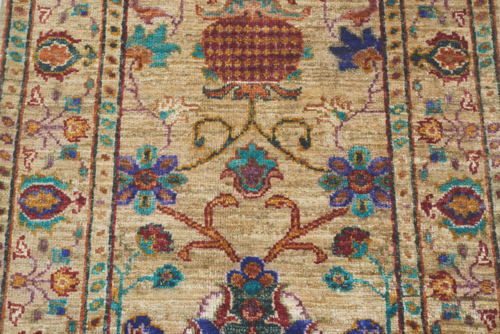 2x3 Beige Afghan Waziri Floral Hand Knotted Rug - Yildiz Rugs