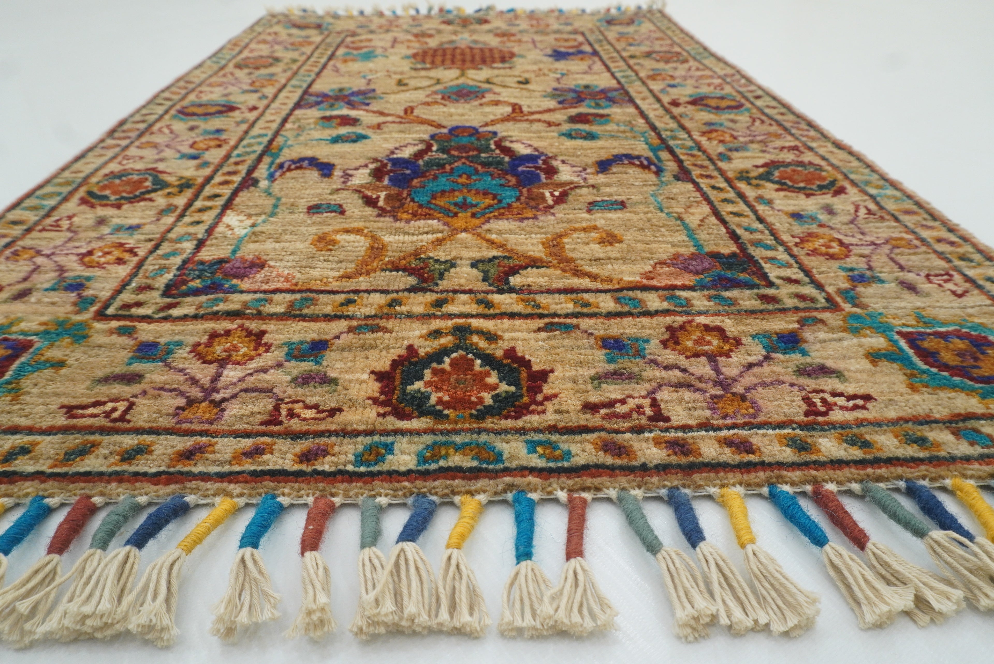 2x3 Beige Afghan Waziri Floral Hand Knotted Rug - Yildiz Rugs