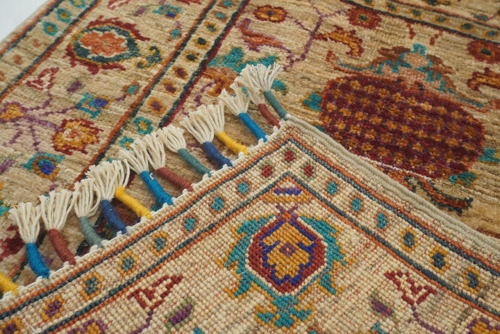 2x3 Beige Afghan Waziri Floral Hand Knotted Rug - Yildiz Rugs