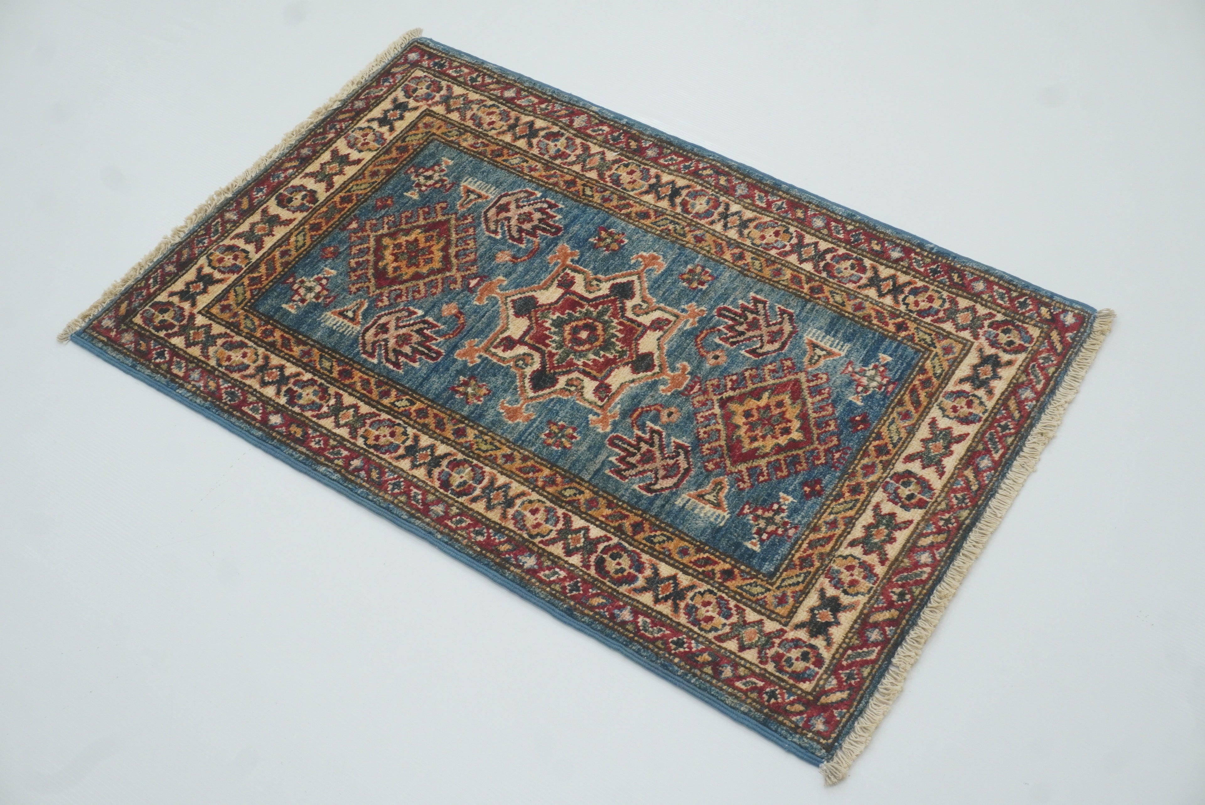 2x3 Blue Kazak Hand-Knotted Afghan Rug - Yildiz Rugs