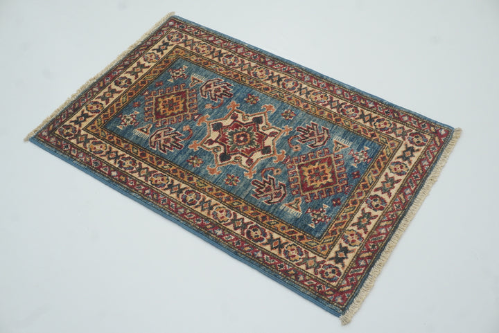2x3 Blue Kazak Hand-Knotted Afghan Rug - Yildiz Rugs