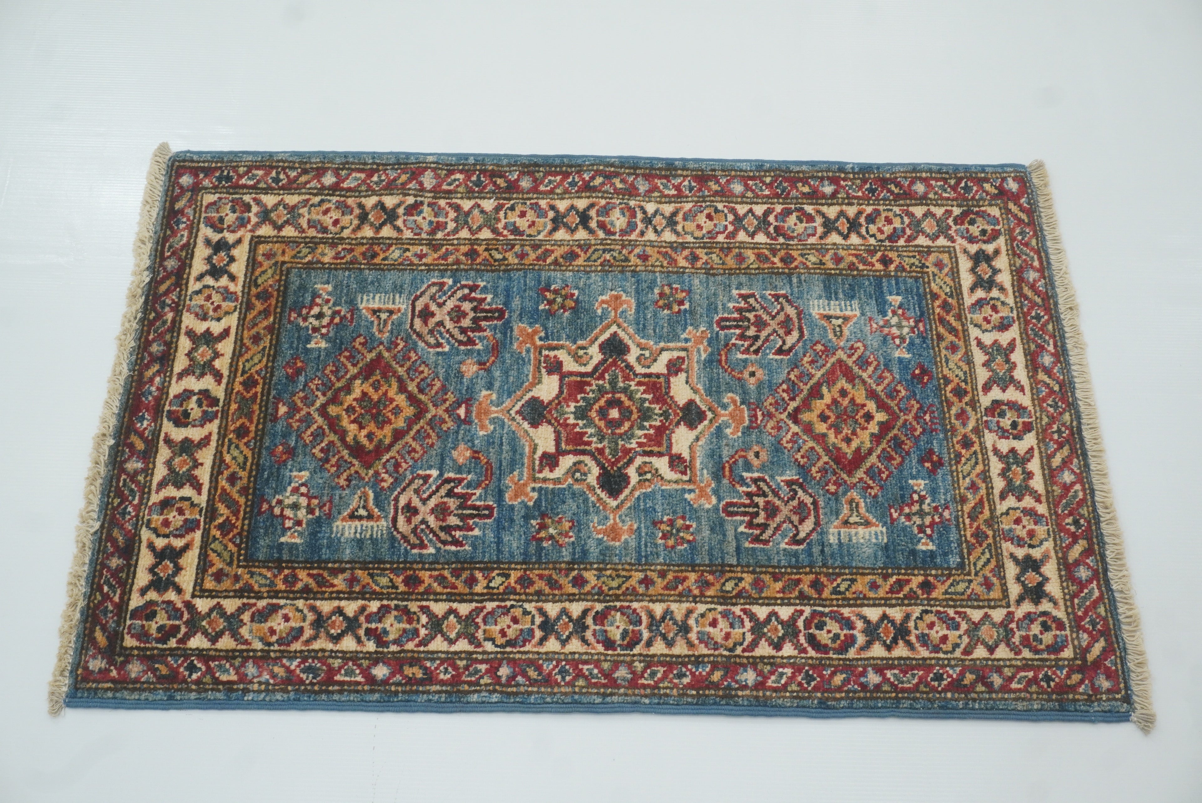 2x3 Blue Kazak Hand-Knotted Afghan Rug - Yildiz Rugs