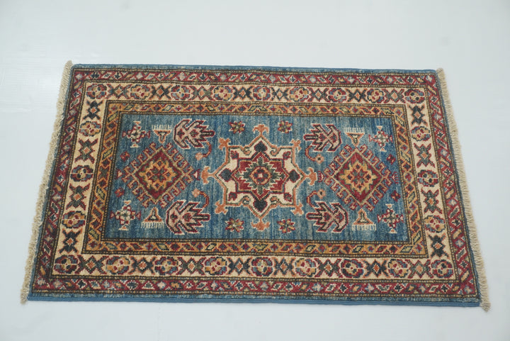 2x3 Blue Kazak Hand-Knotted Afghan Rug - Yildiz Rugs