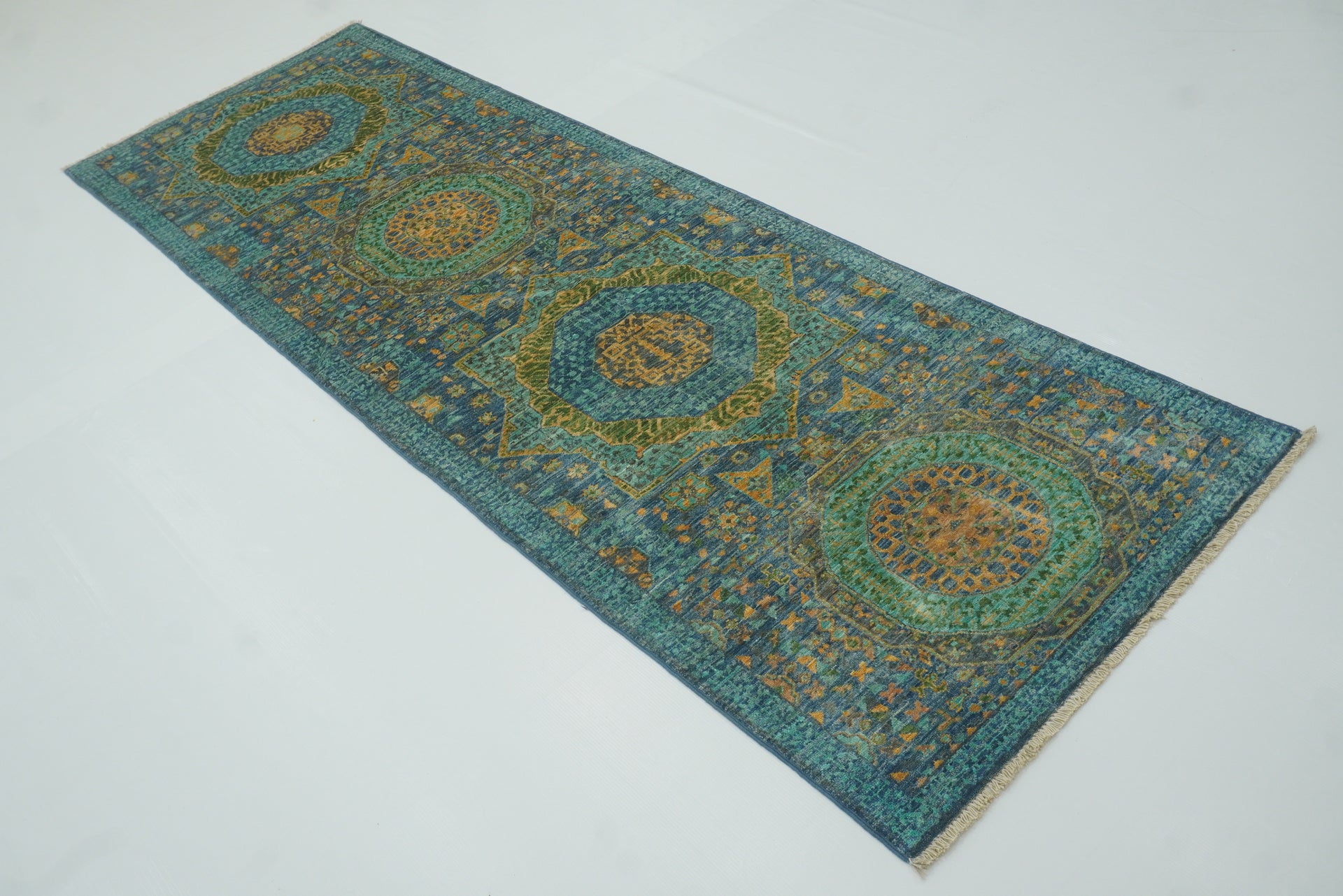 8 ft Blue Mamluk Afghan Hand Knotted Runner Rug